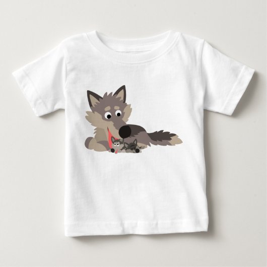 Cute Cartoon Dad Wolf en Pups Baby T-Shirt (Voorkant)