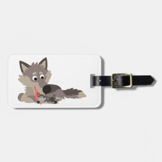 Cute Cartoon Dad Wolf en Pups Bagagelabel