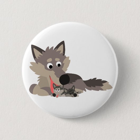 Cute Cartoon Dad Wolf en Pups Button Badge (Voorkant)