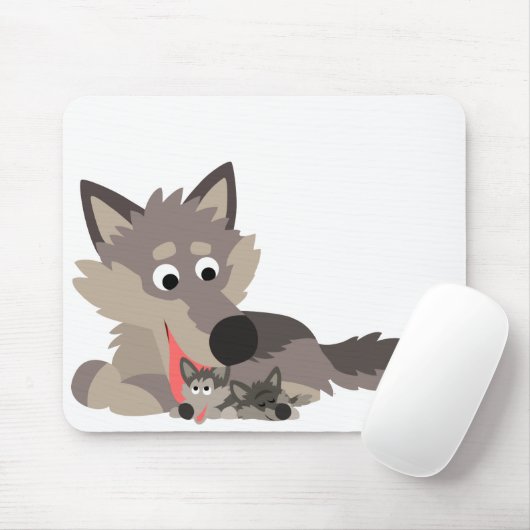 Cute Cartoon Dad Wolf en Pups Mousepad Muismat (Met muis)