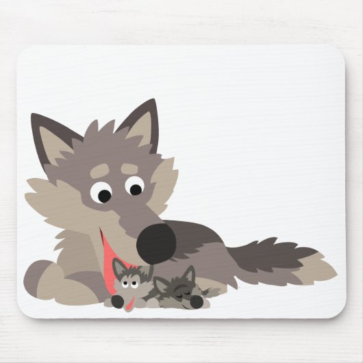 Cute Cartoon Dad Wolf en Pups Mousepad Muismat (Voorkant)