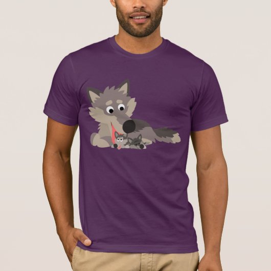 Cute Cartoon Dad Wolf en Pups T-Shirt (Voorkant)