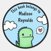 Cute Cartoon Dino met Jouw naam Bookplate Ronde Sticker (Voorkant)