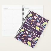 Cute Cartoon Dinosaur Patroon Naam Donker Paars Planner (Display)