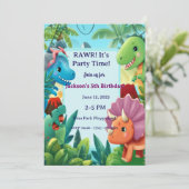 Cute Cartoon Dinosaur "RAWR! It's Party Time!" Boy Kaart (Staand voorkant)