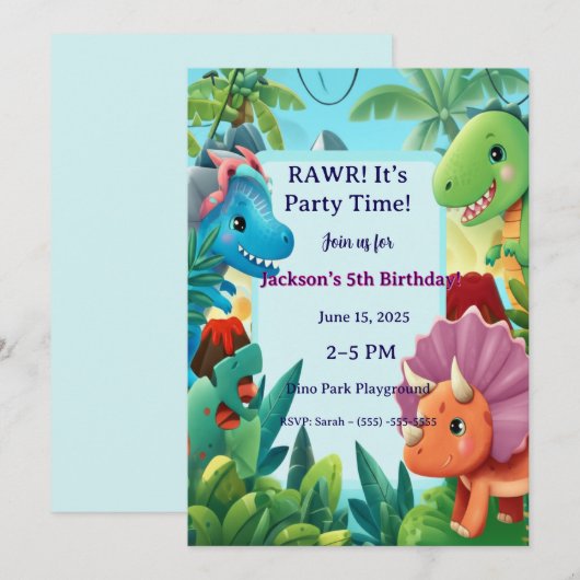 Cute Cartoon Dinosaur "RAWR! It's Party Time!" Boy Kaart (Voorkant / Achterkant)