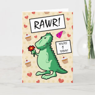 Cute Cartoon Dinosaur Roar Happy 1st Birthday Kaart