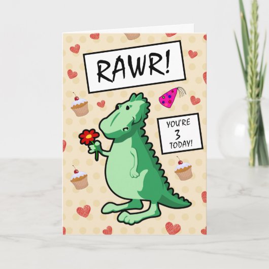 Cute Cartoon Dinosaur Roar Happy 3rd Birthday Kaart (Voorkant)