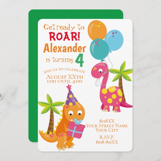 Cute Cartoon Dinosaur Theme Party Kaart (Voorkant / Achterkant)