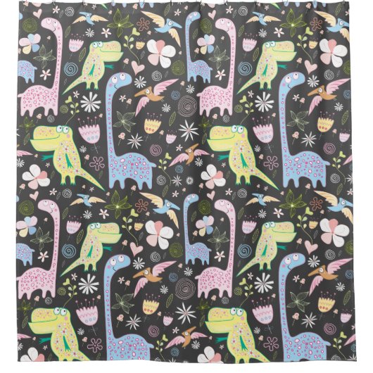 Cute Cartoon Dinosaurs Pattern Dark Grey Douchegordijn (Voorkant)