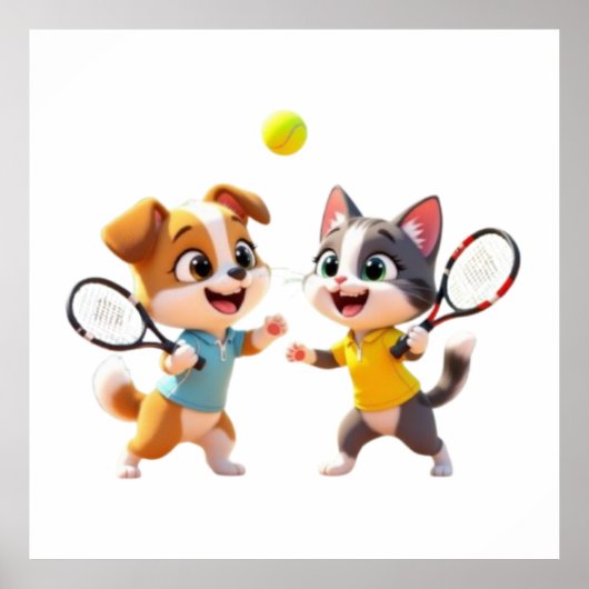 Cute Cartoon Dog and Cat Playing Padel Tennis – Fu Poster (Voorkant)