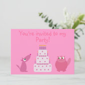 Cute Cartoon Dog, Cat & Birthday Cake Pink Party Kaart (Staand voorkant)
