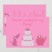 Cute Cartoon Dog, Cat & Birthday Cake Pink Party Kaart (Voorkant / Achterkant)