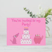 Cute Cartoon Dog, Cat & Cake Custom Pink Party Kaart (Staand voorkant)