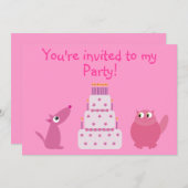 Cute Cartoon Dog, Cat & Cake Custom Pink Party Kaart (Voorkant / Achterkant)