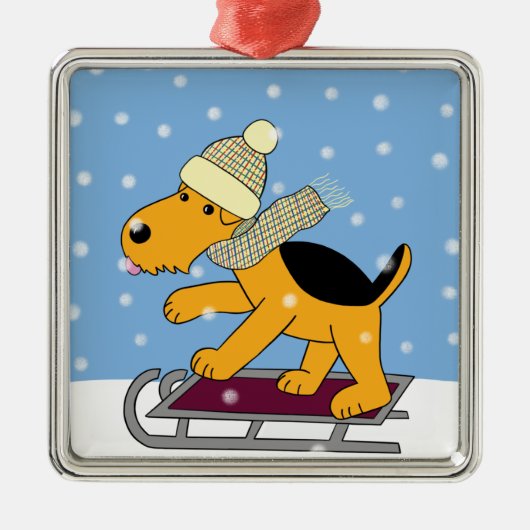 Cute Cartoon Dog w Sled Premium Square Ornament (Voorkant)