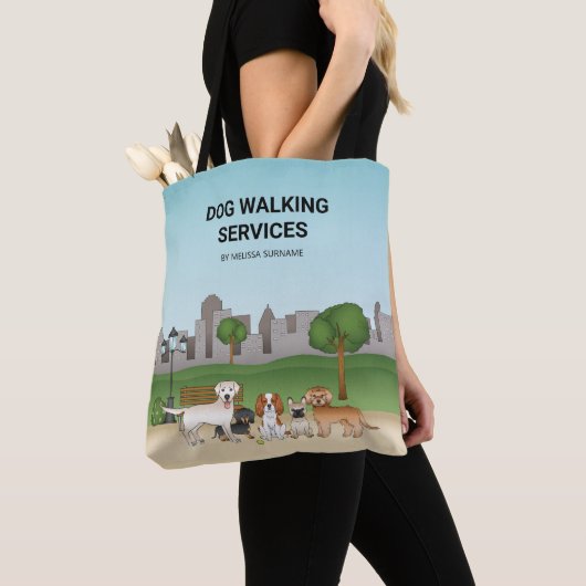 Cute Cartoon Dogs in a Park - Dog Walking Services Tote Bag (Dichtbij)