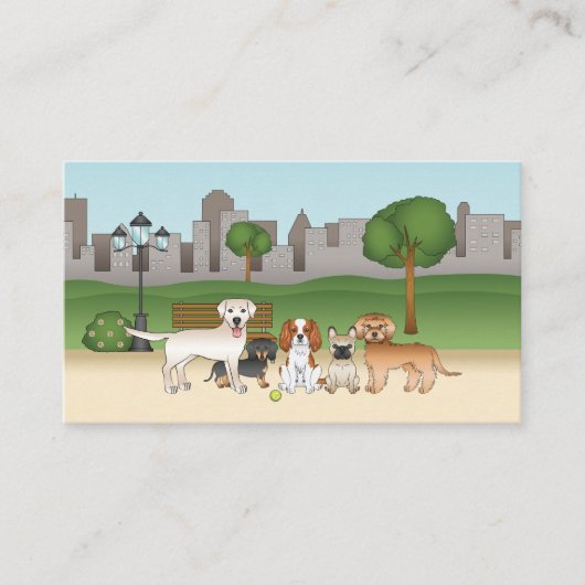 Cute Cartoon Dogs in a Park - Dog Walking Services Visitekaartje (Voorkant)