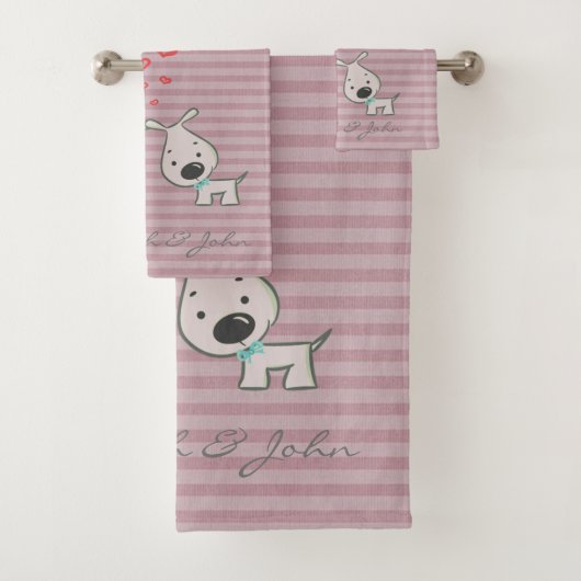 Cute Cartoon Dogs in Love, Stripes - Personalized Bad Handdoek (Insitu)