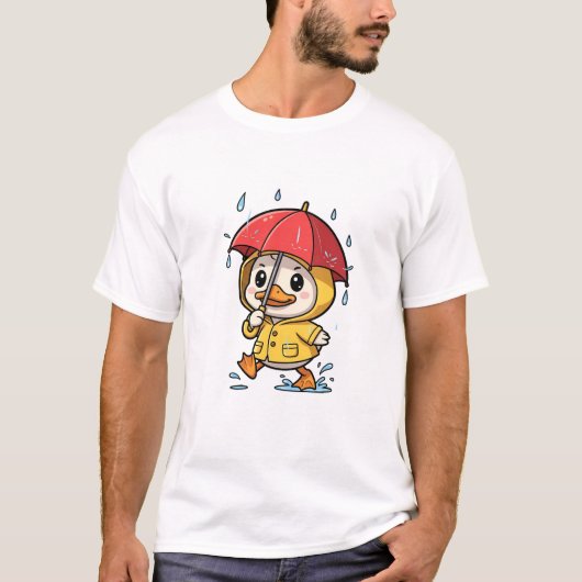 Cute Cartoon Duck Walking in Rain T-shirt (Voorkant)