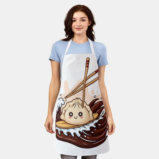 Cute Cartoon Dumpling Surfing on a Soy Sauce Wave Schort (Gedragen)