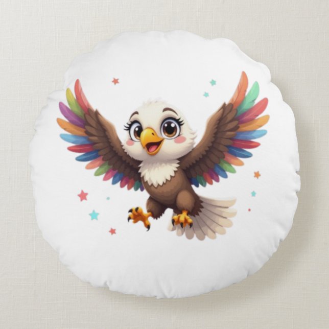 Cute Cartoon Eagle Flying – Friendly Vector Art Rond Kussen (Voorkant)