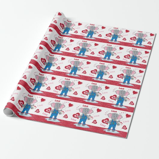 Cute Cartoon Elephant and Heart Pattern Cadeaupapier (Uitgerold)