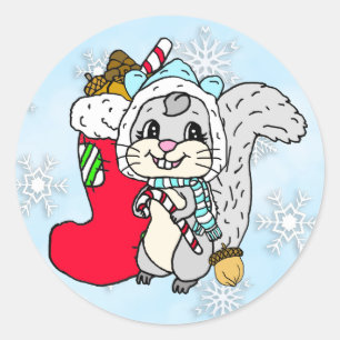 Cute Cartoon Festive Squirrel Kerstmis Ronde Sticker