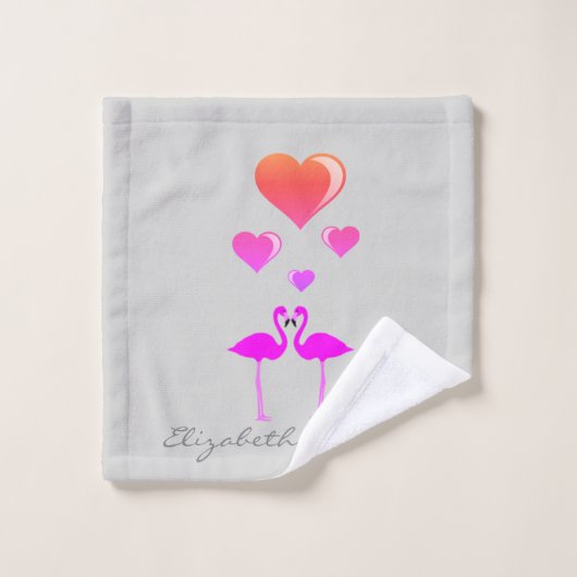 Cute Cartoon Flamingos in Love-Personalized Bad Handdoek (Wasdoekje)