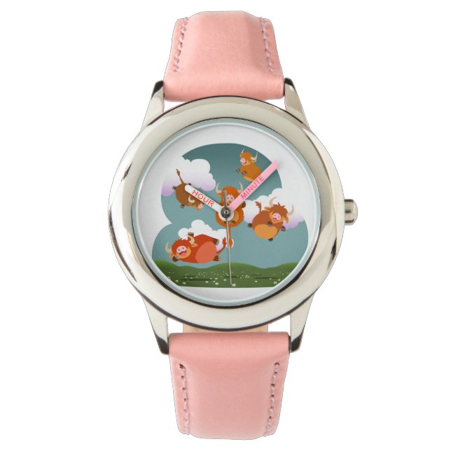 Cute Cartoon Floating Highland Koeien Watch Horloge (Voorkant)