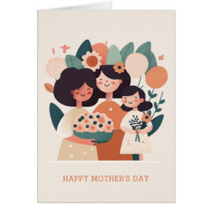 Cute cartoon floral mama en meisjes. Moederdag