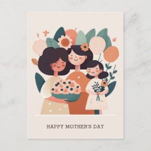 Cute cartoon floral mama en meisjes. Moederdag Briefkaart
