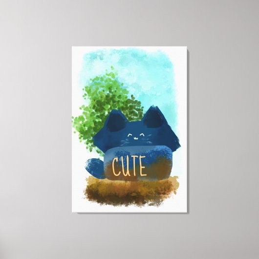 Cute Cartoon Fluffy Blue Cat Ilustration Canvas Afdruk (Voorkant)