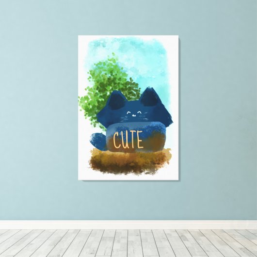 Cute Cartoon Fluffy Blue Cat Ilustration Canvas Afdruk (Insitu (Houten vloer))