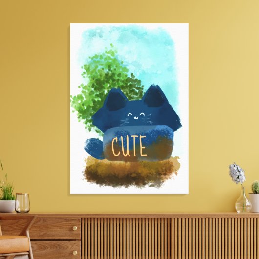 Cute Cartoon Fluffy Blue Cat Ilustration Canvas Afdruk (Insitu (Woonkamer))