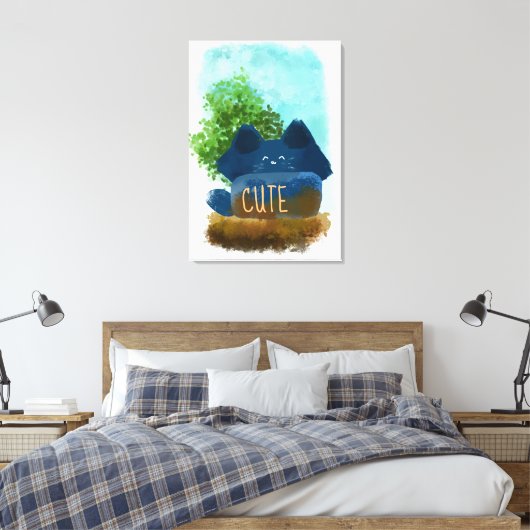 Cute Cartoon Fluffy Blue Cat Ilustration Canvas Afdruk (Insitu (Slaapkamer))