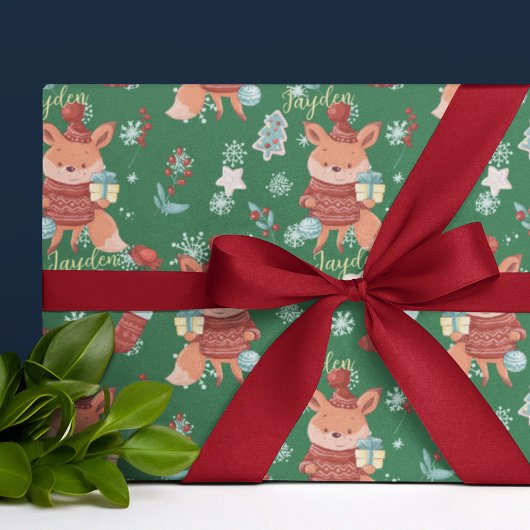 Cute Cartoon Fox Green Red Custom Wrapping Paper Cadeaupapier