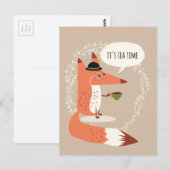 Cute cartoon fox met theetijd briefkaart (Voorkant / Achterkant)