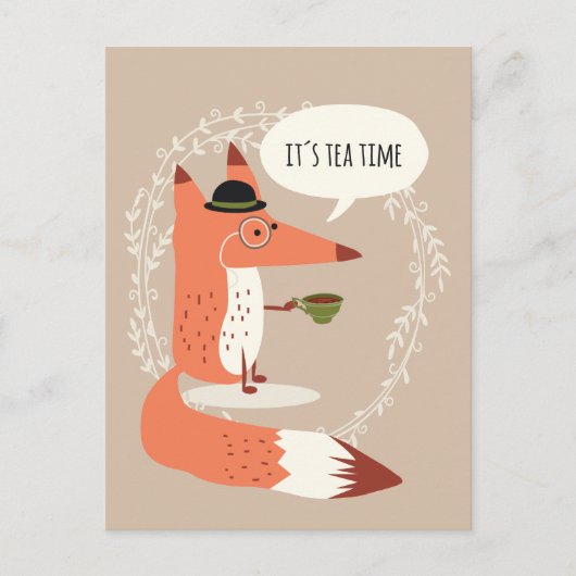 Cute cartoon fox met theetijd briefkaart (Voorkant)