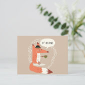 Cute cartoon fox met theetijd briefkaart (Staand voorkant)