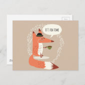 Cute cartoon fox met theetijd briefkaart (Voorkant / Achterkant)