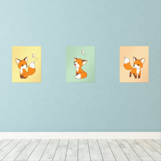 Cute Cartoon Foxes Muurkunst Sets (Houten vloer)