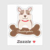 Cute Cartoon French Bulldog Puppy Dog Bone Name Sticker (Vel)