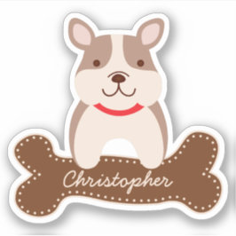 Cute Cartoon French Bulldog Puppy Dog Bone Name Sticker