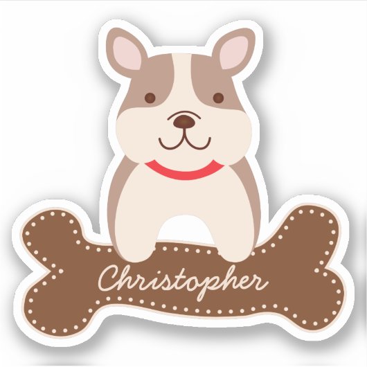 Cute Cartoon French Bulldog Puppy Dog Bone Name Sticker (Voorkant)