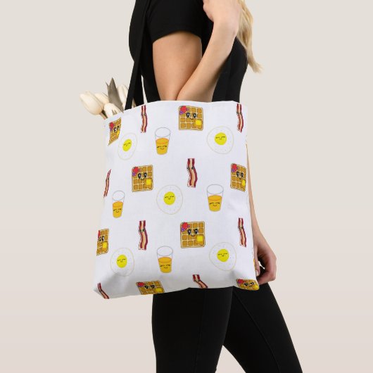 Cute Cartoon Fried Egg, Bacon en waffles Tote Bag (Dichtbij)