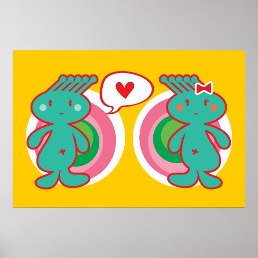 Cute Cartoon Funky Green Alien Boy & Girl Couple Poster (Voorkant)