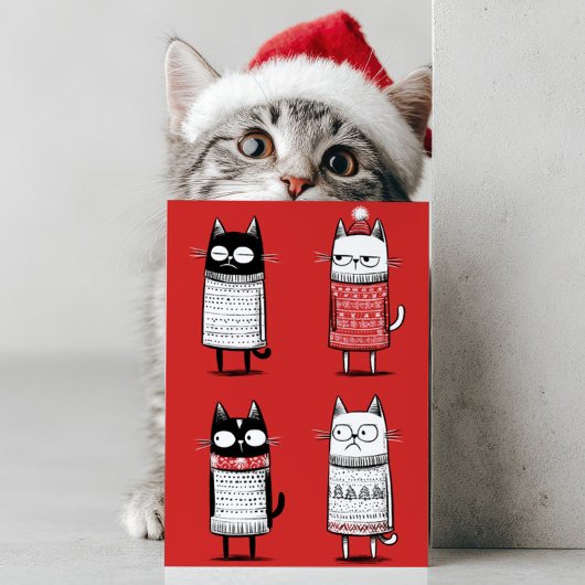 Cute Cartoon Funny Cats Lover Red Meowy Christmas  Feestdagenkaart