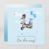 Cute Cartoon Funny Stork Scooter Boy Zwangerschap Aankondiging (Voorkant / Achterkant)