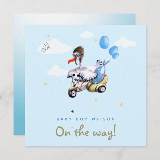 Cute Cartoon Funny Stork Scooter Boy Zwangerschap Aankondiging (Voorkant / Achterkant)